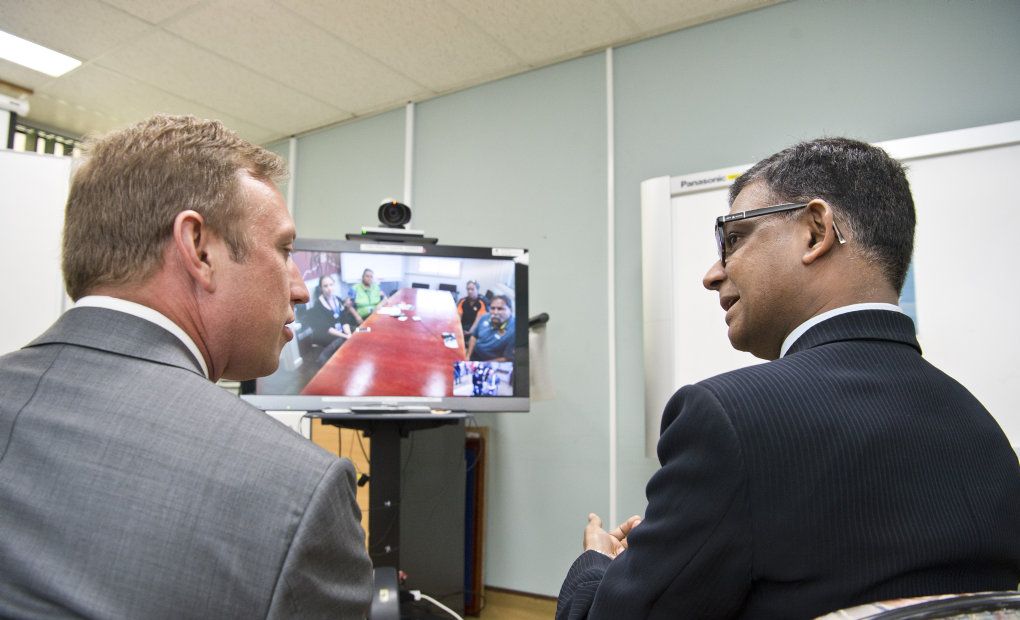 Queensland Health Minister Steven Miles (left) and consultant nephrologist Dr Sree Krishna Venuthurupalli demonstrate the telehealth technology used by the specialist renal team to deliver services to Cherbourg, Friday, April 27, 2018. Picture: Kevin Farmer