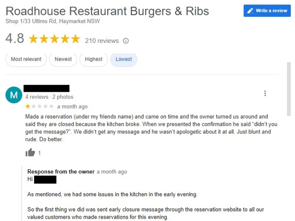 The restaurant was ‘frustrated’ by the one-star review. Picture: Supplied