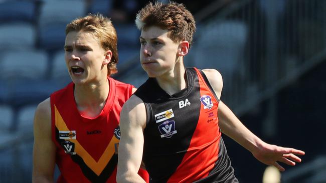 Newtown's Boston Riccardi kicks forward. GFNL U18 Grand Final between Newtown & Chilwell and St Josephs at GMHBA Stadium. Picture: Alan Barber