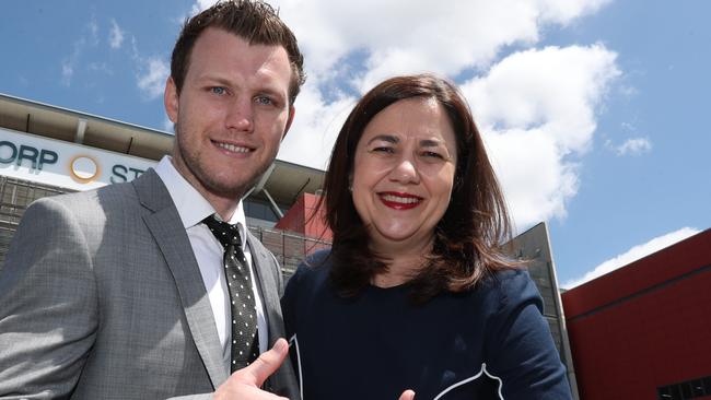 Former WBO welterweight titleholder Jeff Horn, who was a Logan high school teacher, with Premier Annastacia Palaszczuk last year. Pic Annette Dew