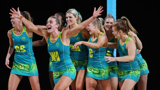 Captain Liz Watson leads Australia’s celebrations after the win over Jamaica.