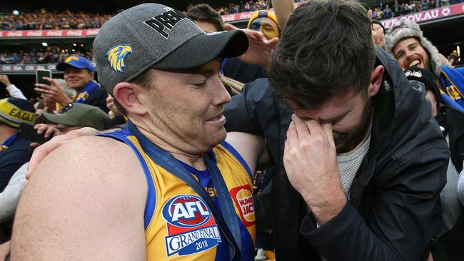 West Coast's Jeremy McGovern hugs brother Mitch after the AFL grand final. Picture: Michael Klein