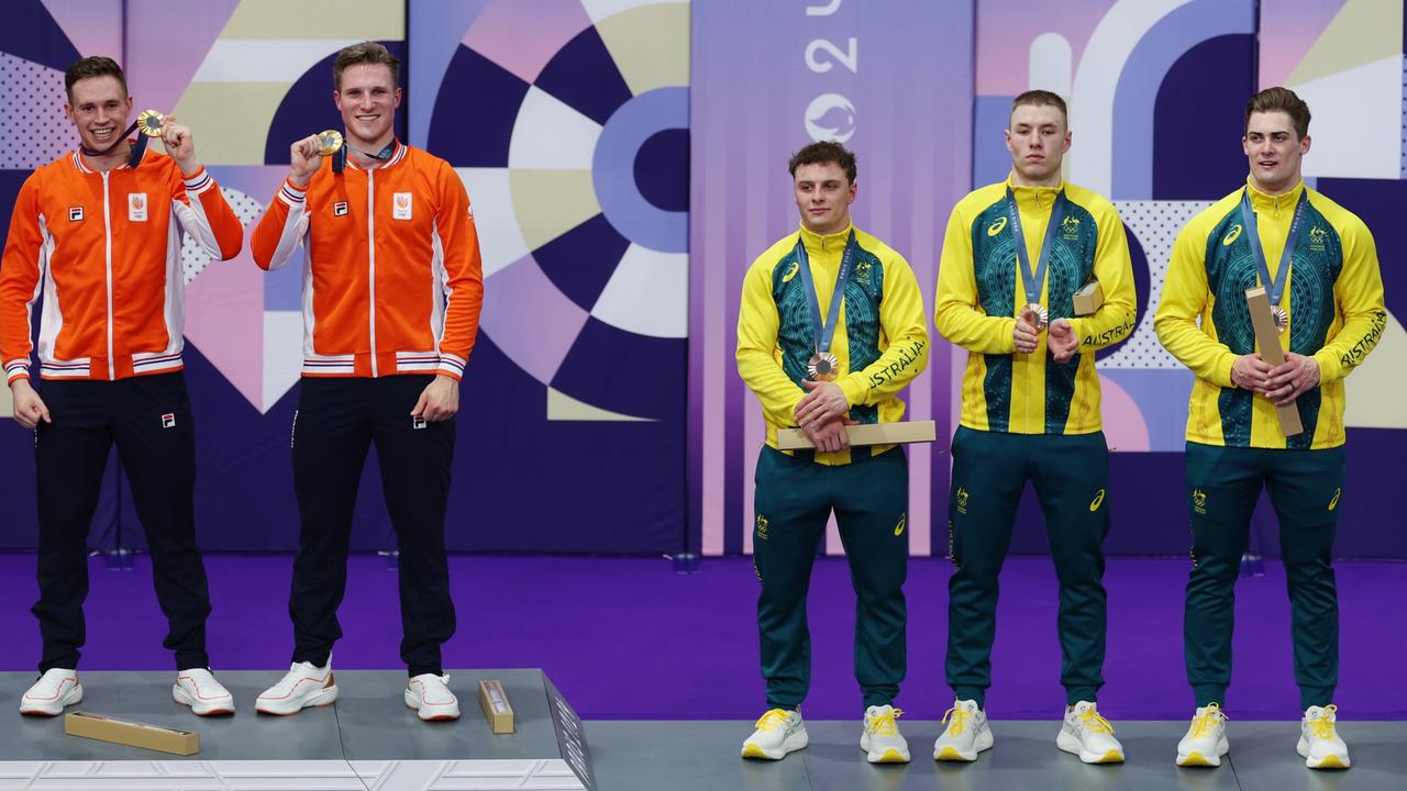 Bronze medallists Matthew Glaetzer, Leigh Hoffman, Matthew Richardson of Team Australia pose on the podium after the Men's Team Sprint – Finals. Picture: Alex Broadway/Getty Images)