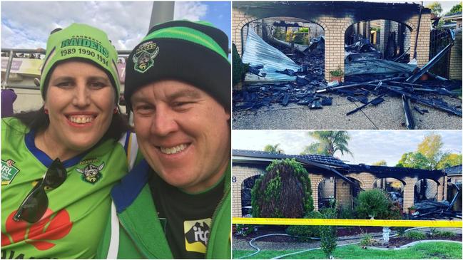 Major Canberra Raiders fan Scott Gerhardy, with girlfriend Emily Bartley, lost all his memorabilia when his house was burnt at the weekend while he was away.