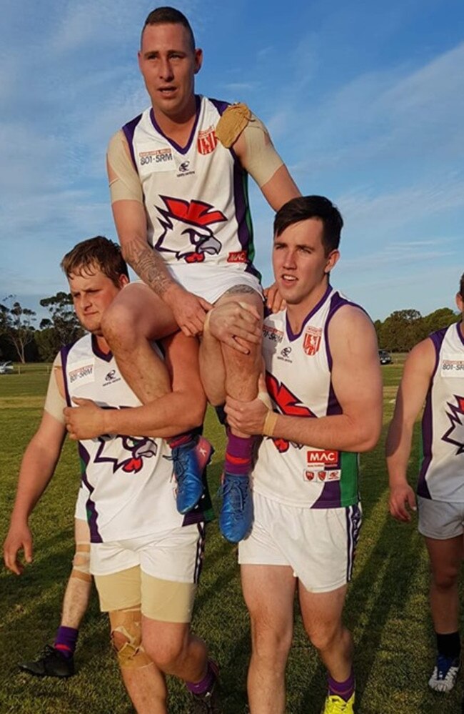 Daniel Donnelly is chaired off the ground in recognition of his 150th game last weekend. Picture: RAMCO FOOTBALL NETBALL CLUB