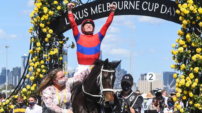 James McDonald returns to the winner’s stall on Verry Elleegant. Picture: Racing Photos via Getty Images