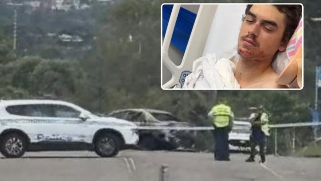 Kyle Bugatto, inset, and a woman were taken to hospital after a serious collision in which both vehicles caught on fire.
