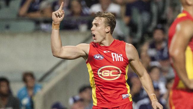 Tom Lynch of the Gold Coast Suns celebrates a goal during the Round 2 AFL match between the Fremantle Dockers and the Gold Coast Suns at the Domain Stadium in Perth, Saturday, April 2, 2016. (AAP Image/Tony McDonough) NO ARCHIVING, EDITORIAL USE ONLY