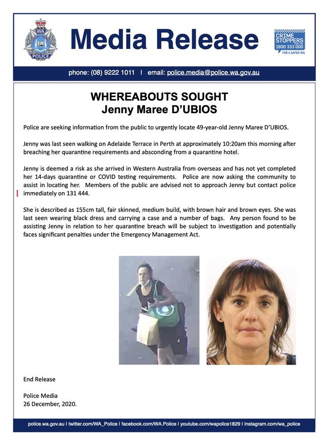 A WA Police media release calling for information on Jenny D’Ubios’ whereabouts.