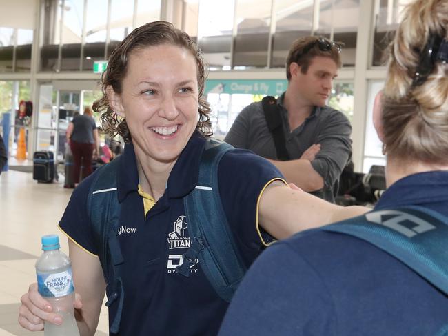 Players from the Titans NRLW team at Gold Coast Airport heading to Sydney to play in the NRLW grand final. The smiling assasins are ready to attack with their defence in the decider. Karina Brown. Picture Glenn Hampson