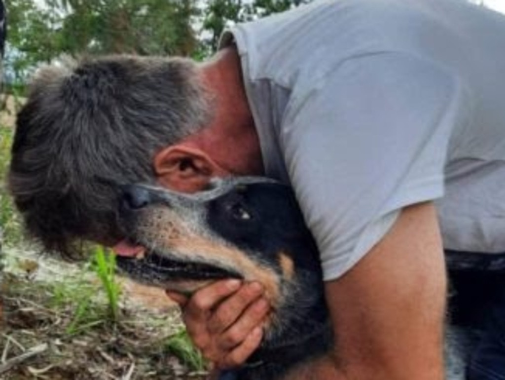 Reunited: Andrew Nielsen hugs his cattle dog Jasper, who spent four days in the rainforest before being found by volunteer searchers on motor bikes. Picture: Supplied