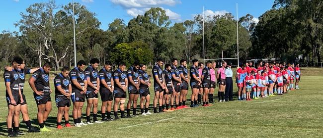 The Goodna and Swifts rugby league teams observed a minute's silence honouring the Anzacs before their A-Grade match at Purga. Picture: David Martin