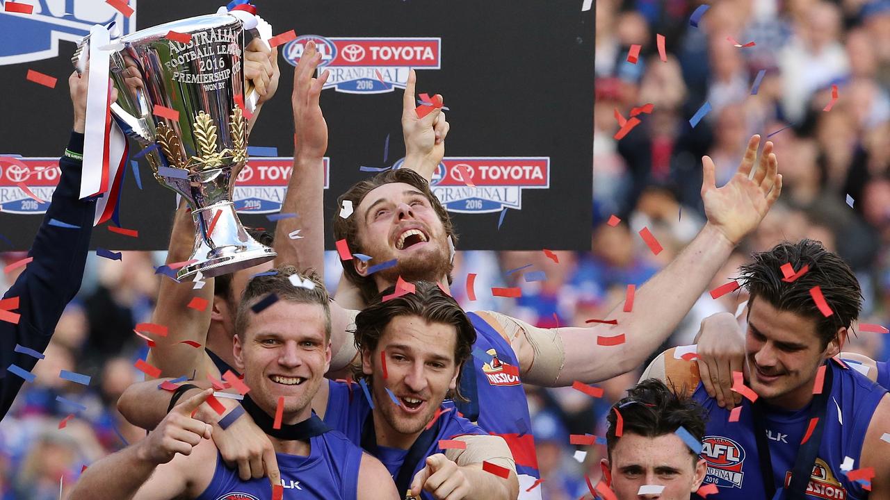 2016 AFL Grand Final match between the Western Bulldogs and the Sydney Swans at the Melbourne Cricket Ground (MCG), Melbourne, Australia on October 1, 2016. Jordan Roughead celebrates on the podium Picture :Wayne Ludbey