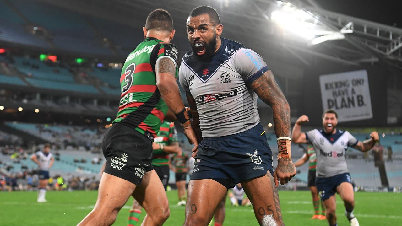 Melbourne Storm flyer Josh Addo-Carr celebrates a try during the 50-0 flogging of the Rabbitohs in round 9 this year. Picture: NRL Photos