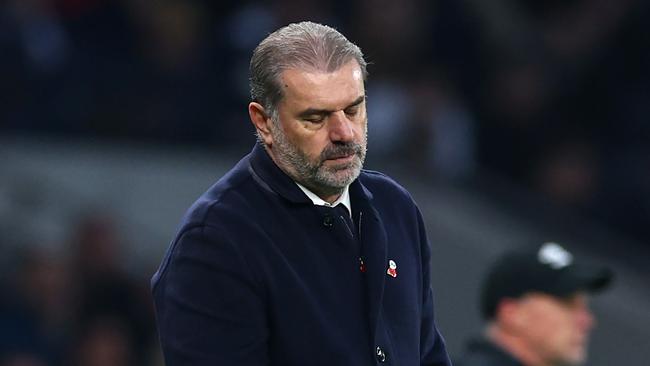 LONDON, ENGLAND - NOVEMBER 10: Ange Postecoglou, Manager of Tottenham Hotspur, reacts during the Premier League match between Tottenham Hotspur FC and Ipswich Town FC at Tottenham Hotspur Stadium on November 10, 2024 in London, England. (Photo by Clive Rose/Getty Images)