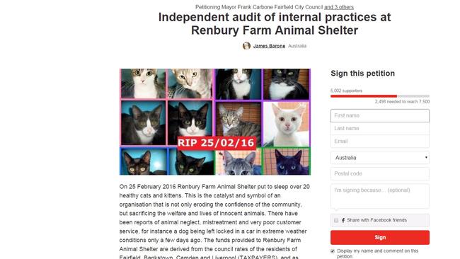 Screenshot of petition to have Renbury Farm Animal Shelter audited on change.org by James Barone.