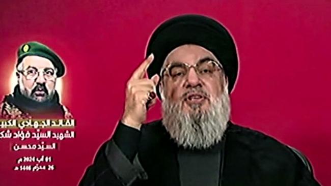 Hezbollah chief Hassan Nasrallah gives televised address to the nation. Picture: AFP.