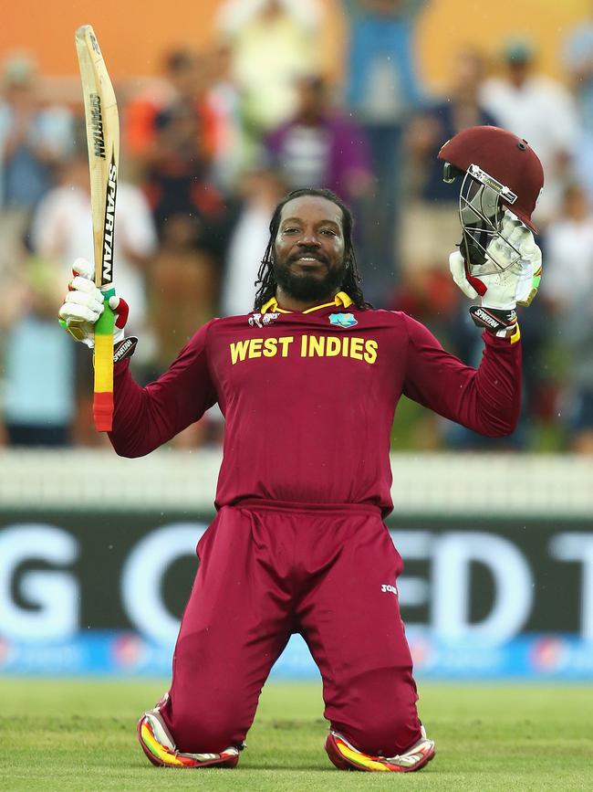 Chris Gayle celebrates his double ton against Zimbabwe at Manuka Oval.