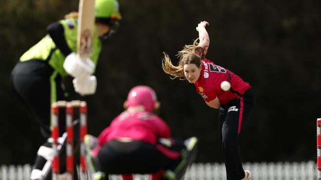 Lauren Cheatle bowls to Sammy-Jo Johnson. Picture: Phil Hillyard