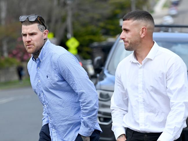 Ex-NRL star Josh Dugan (left) and his best friend Ben Williams outside Lithgow Local Court on Friday. Picture: Jeremy Piper