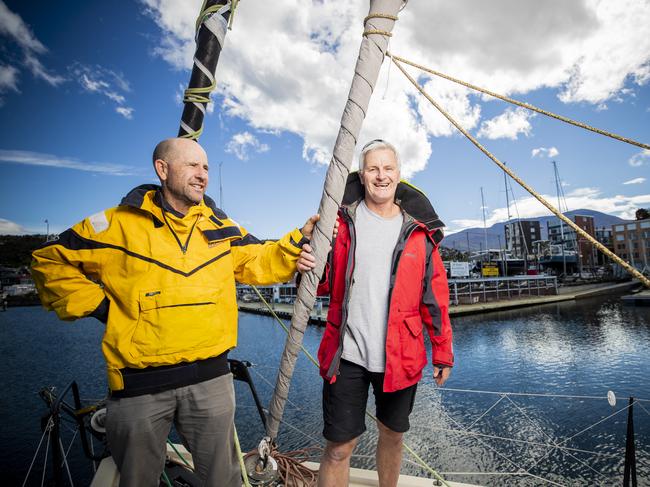 Robbie Gough and John Saul preparing to sail the Sydney-Hobart yacht race two-handed aboard their new yacht Sidewinder. Picture: RICHARD JUPE