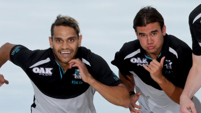 Dom Barry and Joel Garner after they were drafted by Port Adelaide in November. Picture: AAP Image/Dean Martin