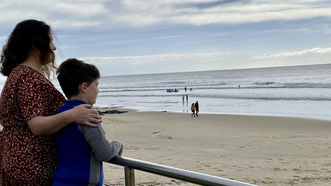 Melbourne mother Fiona MacDonald and her son 8-year-old Hamish King have been reunited with rescuers after being caught in a flash rip on the Sunshine Coast. Picture: Natalie Wynne.