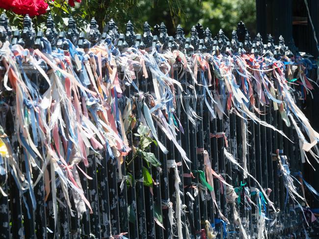 Ribbons to remember child abuse victims outside St Patricks Cathedral in Ballarat. Picture: Rob Leeson.