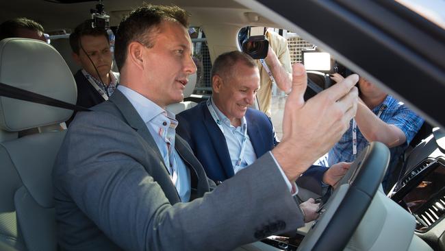 Volvo’s Trent Victor with South Australia premier Jay Weatherill in the driverless XC90. Photo: Jo-Anna Robinson.