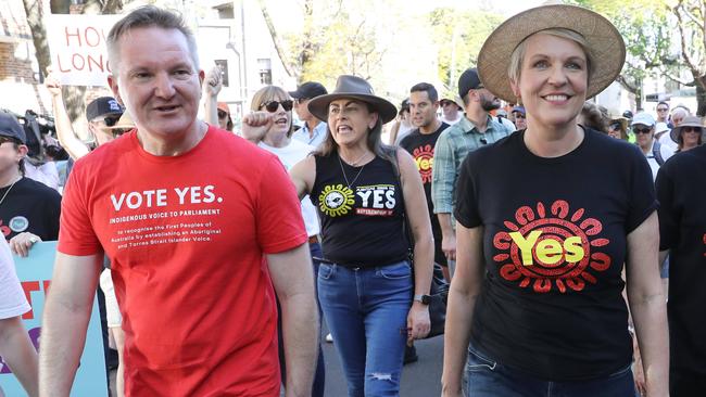 Labor Cabinet Ministers Chris Bowen and Tanya Plibersek pictured during a Walk for Yes event from Redfern park to Victoria park. John Feder/The Australian.