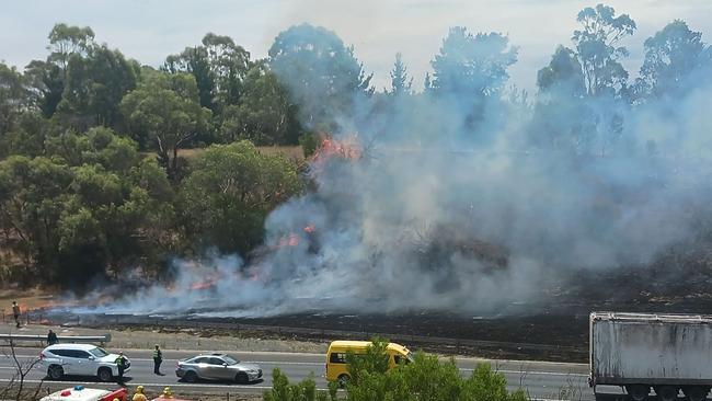 Fireys at the scene of a grass fire on the side of the Princes Hwy in Morwell on Tuesday afternoon. Picture: Facebook