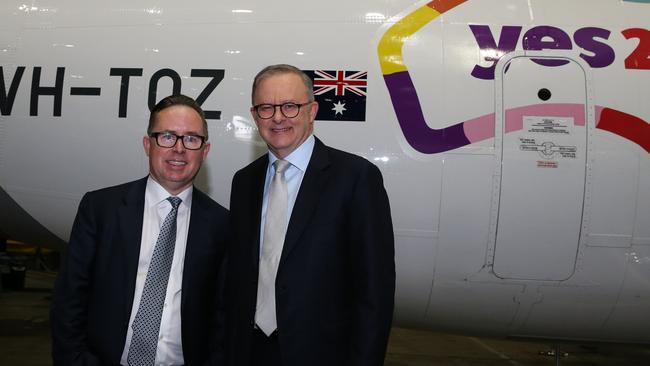 Anthony Albanese and Alan Joyce attend the launch of the Qantas Yes Campaign at Qantas Hangar 96.