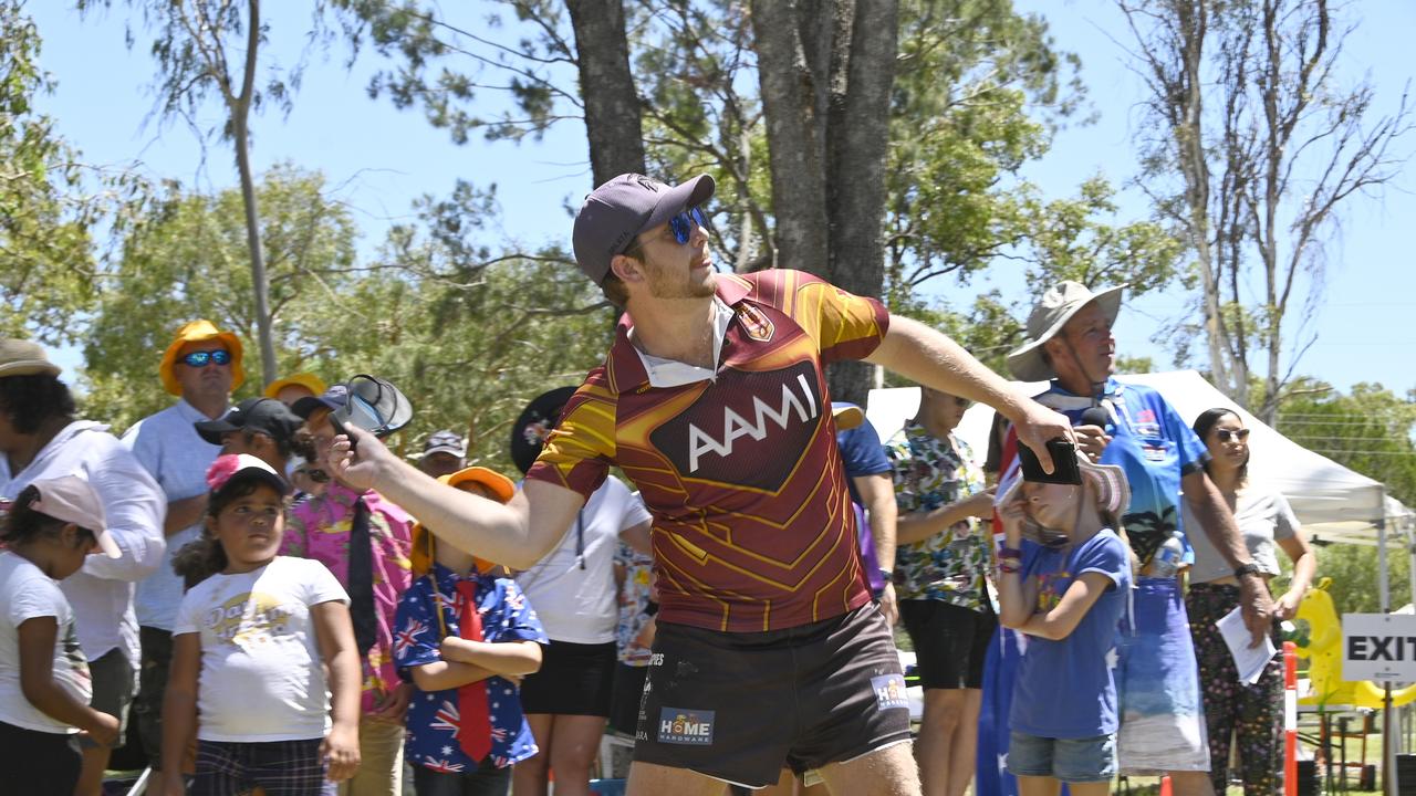 Allan Turner competing in thong throwing competition at the Oakey Australia Day celebrations.