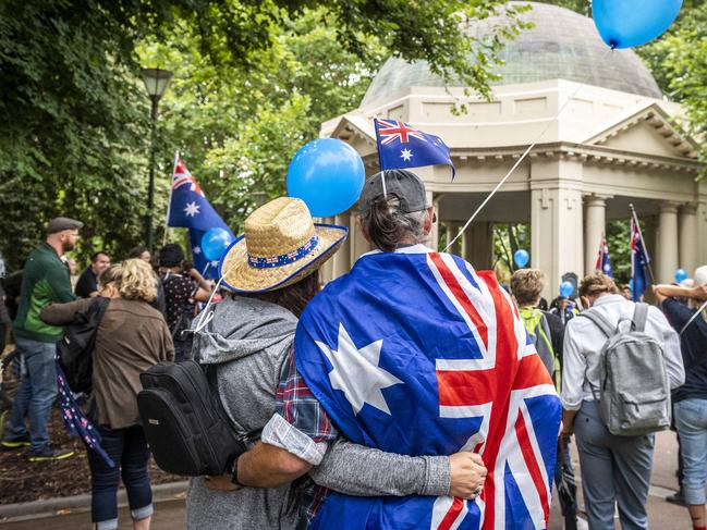 Anti-Corona restriction / Freedom Day protesters and Proud Boys rally in support of Australia Day. Picture: Jake Nowakowski