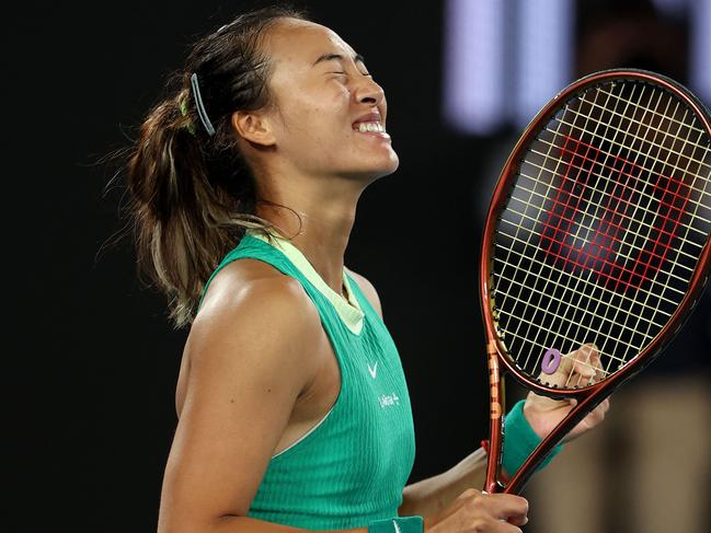 China's Zheng Qinwen celebrates victory against Ukraine's Dayana Yastremska during their women's singles semi-final match on day 12 of the Australian Open tennis tournament in Melbourne on January 25, 2024. (Photo by Martin KEEP / AFP) / -- IMAGE RESTRICTED TO EDITORIAL USE - STRICTLY NO COMMERCIAL USE --