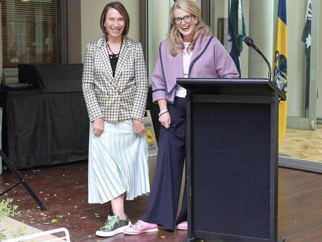 Senate President Sue Lines, left, in her trademark kicks with Meg Brighton. Picture: Instagram