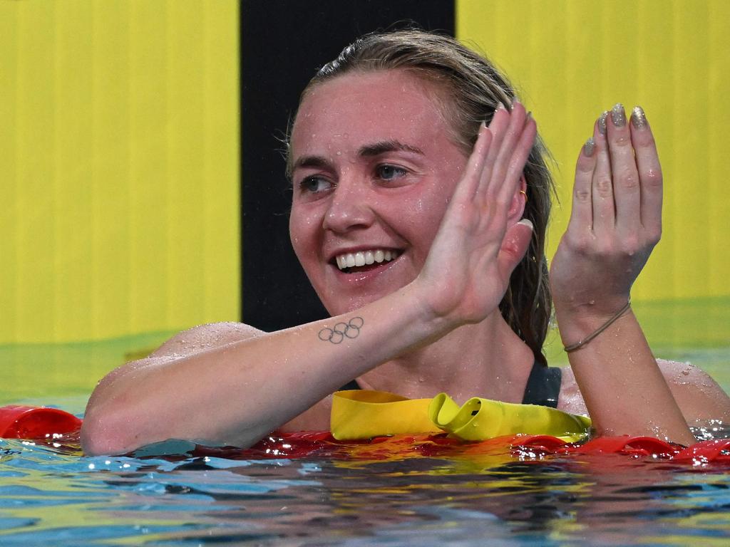 Ariarne Titmus after winning the 800m freestyle. Picture: by Andy Buchanan / AFP