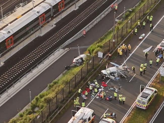 Six people have been hospitalised after a three-vehicle crash on a highway south of Sydney., Emergency services were called to the Princes Highway in Waterfall, after reports of a three-vehicle crash in the southboundlanes at 6.10am on Friday. Picture: TNV