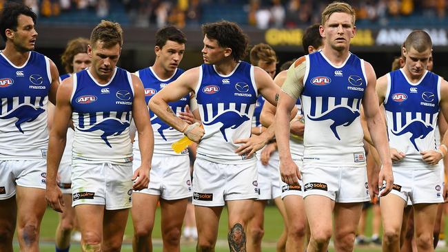 Kangaroos players walk off the MCG last weekend after their loss to Hawthorn. Picture: Getty Images