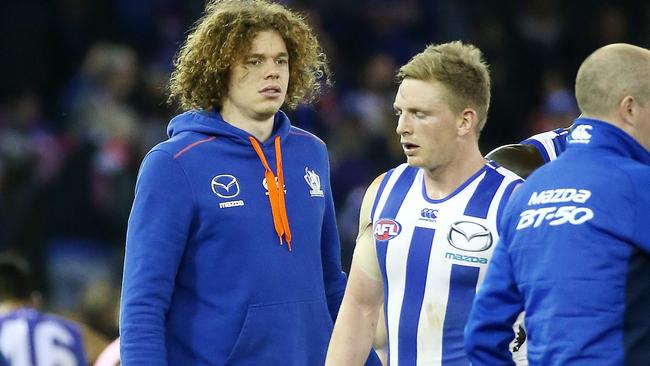 Ben Brown injured his knee in the loss to the Western Bulldogs. Picture: George Salpigtidis