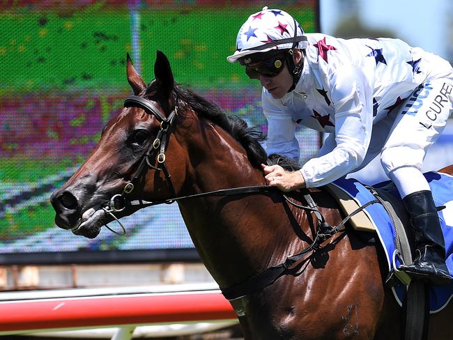 Jockey Luke Currie rides Sunlight to win race 2, the QTIS Two-Years-Old Handicap, during the Ladies Day Raceday at Aquis Park on the Gold Coast, Saturday, January 6, 2018. (AAP Image/Albert Perez) NO ARCHIVING, EDITORIAL USE ONLY