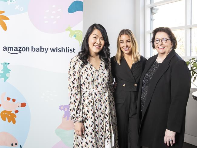 Head of Marketing, Consumables at Amazon Australia Adeline Tan with Jules Sebastian and Midwife Cath (Cath Curtin) at the launch of Amazon's Baby Wishlist.