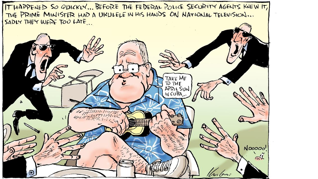 Security agents fail to protect the Prime Minister, Scott Morrison, from the great harm of playing a ukulele and singing on national television in Mark Knight’s cartoon.