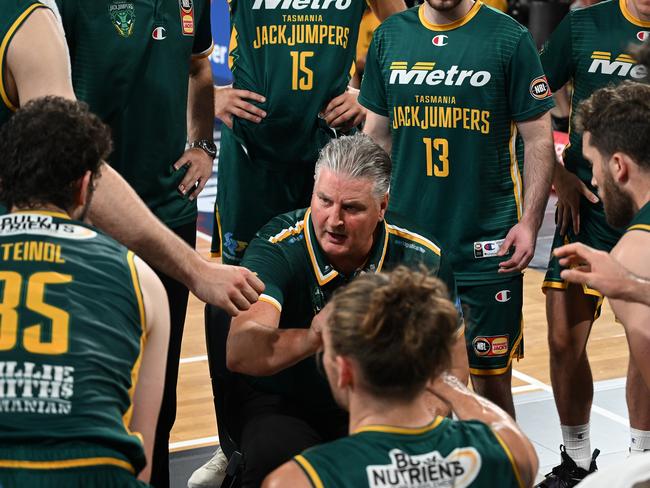 Scott Roth head coach of the JackJumpers talks to his players during the round 16 NBL match between Tasmania Jackjumpers and Illawarra Hawks at Silverdome on March 19, 2022, in Launceston, Australia. Picture: Steve Bell/Getty Images.