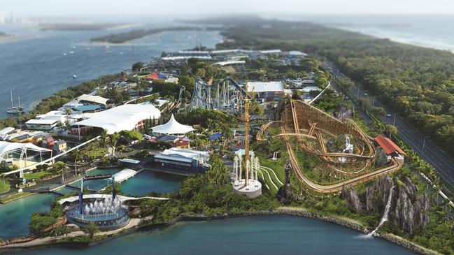 An artist’s impression of Sea World’s new precinct, The New Atlantis. From left, three new thrill rides: The Vortex, the Trident and the Leviathan.