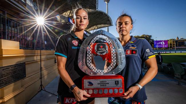 New Crows co-captain Ebony Marinoff with Port Adelaide’s Ash Saint. Picture: Tom Huntley