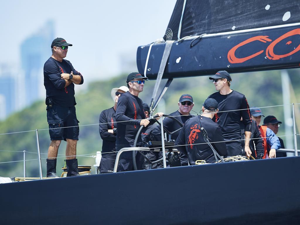 The crew of Comanche is pictured in the Sydney Harbour during the 2019 Sydney to Hobart on December 26, 2019 in Sydney, Australia. (Photo by Brett Hemmings/Getty Images)