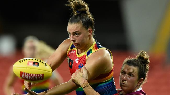 Adelaide star Ebony Marinoff says the Crows could be the key beneficiaries from a new rule introduced to restrict teams to 60 interchange rotations per game. Picture: Matt Roberts / Getty Images