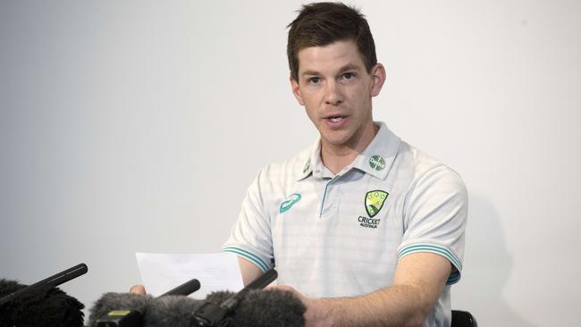 Paine reads a prepared statement as he announces his exit as skipper. Picture: Chris Kidd