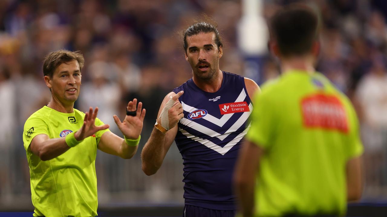 Dockers captain Alex Pearce questions the non-deliberate call. Picture: Paul Kane/Getty Images